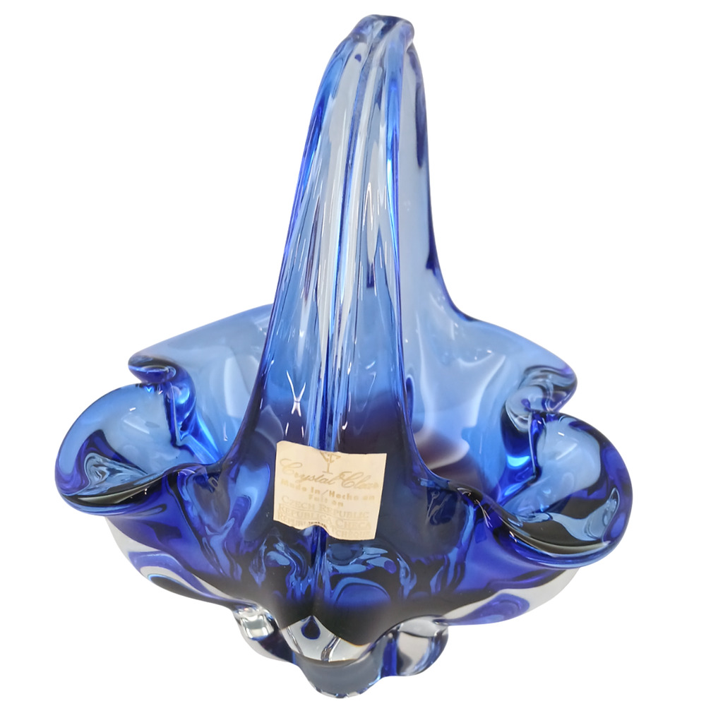 Crystal Clear Basket Hand Blown Art Glass Blue/Pink 7.5" Made in Czech Republic